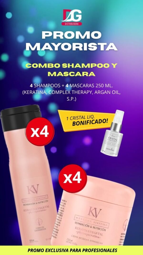 OFERTA OSSONO - 4 MASCARA KERATINA x250 + 4 SHAMPOO KERATINA x250 BONIFICADO CRISTAL LIQUIDO X30ml