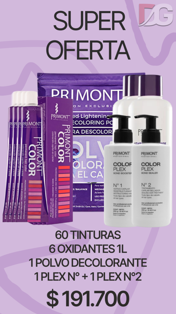 OFERTA PRIMONT 60 TINTURAS + 6 OXIDANTE + COLOR PLEX N°1 - N°2 + DECOLORANTE x700