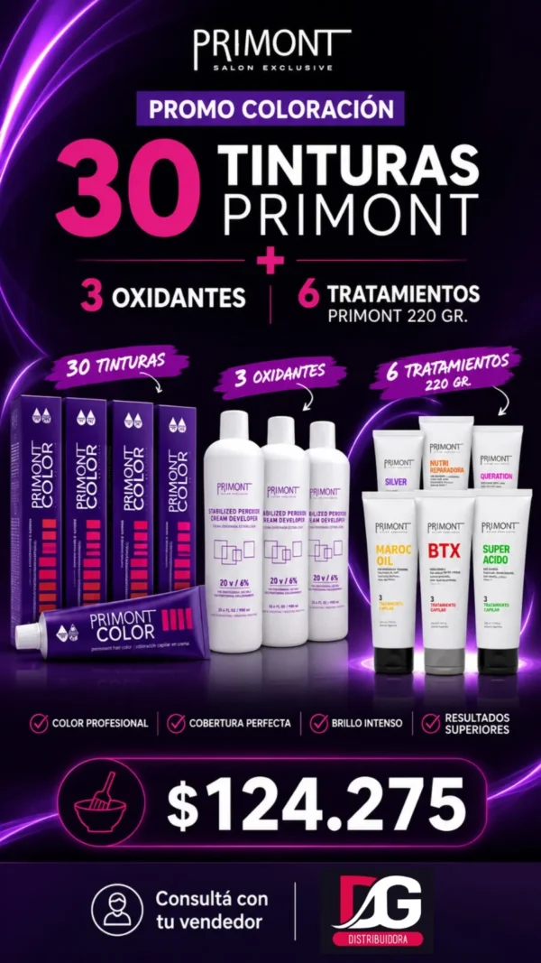 PROMO PRIMONT, 30 COLORES + 3 OXIDANTES + 6 TRATAMIENTOS EN POMOS