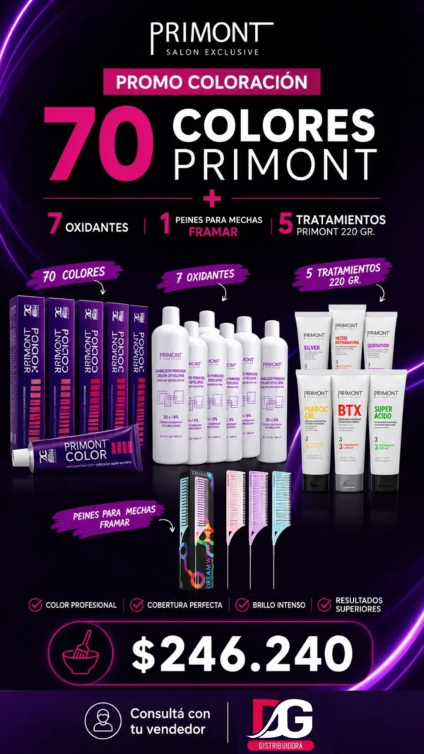 PROMO PRIMONT, 70 COLORES + 7 OXIDANTES + 5 TRATAMIENTOS EN  POMO + SET DE PEINE FRAMAR